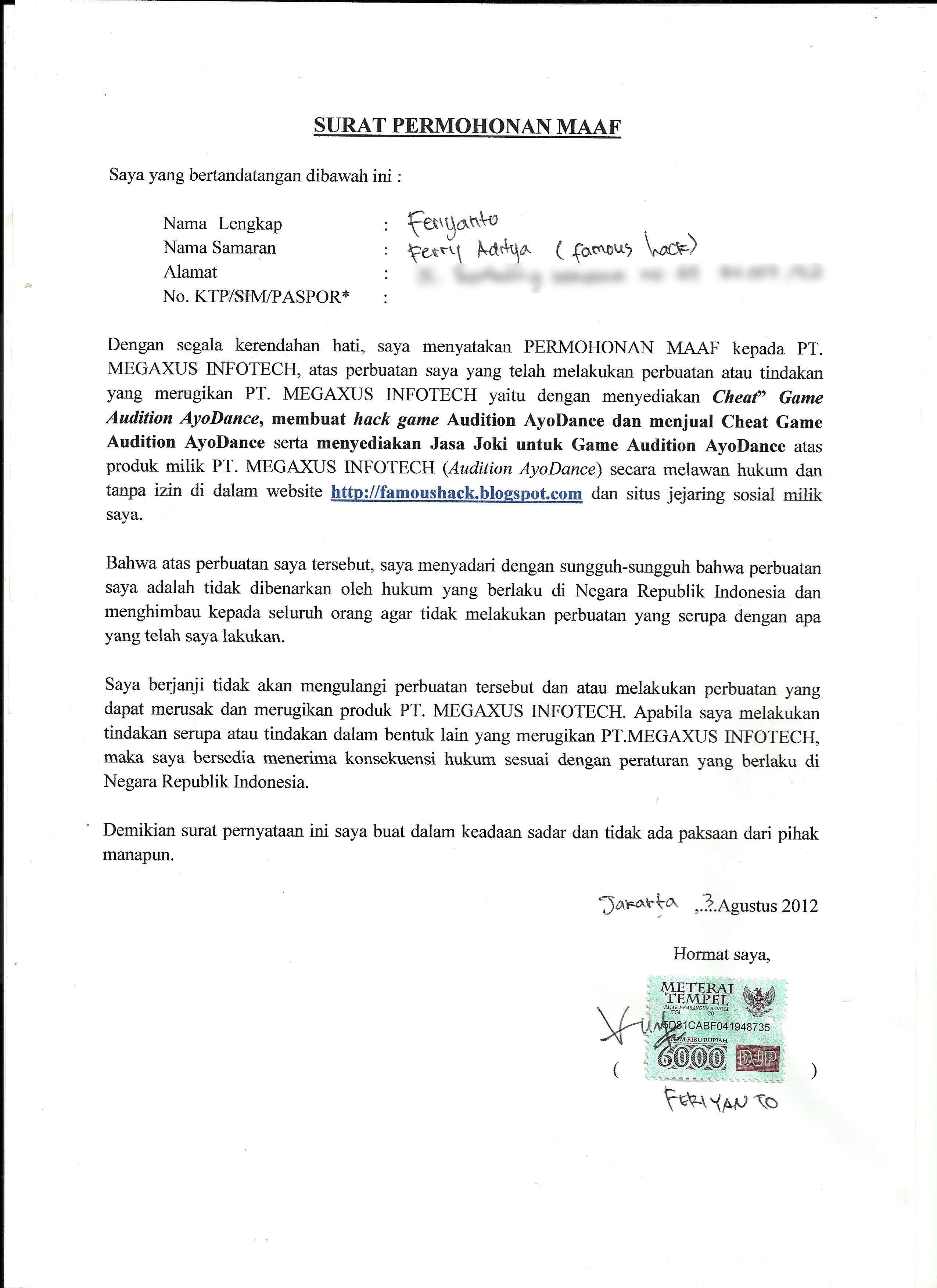 Surat Permintaan Maaf Feriyanto Untuk Ayodance Audition